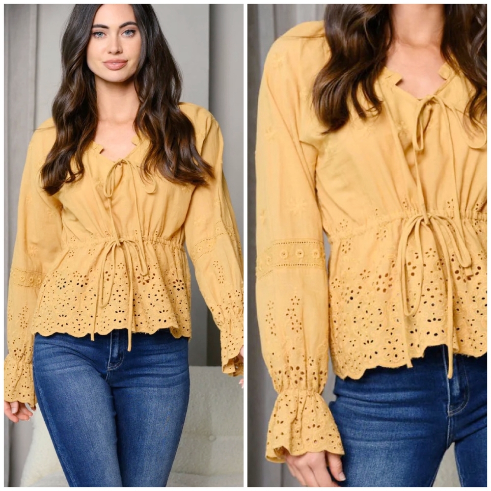 On Twelfth Boho Chic Golden Honey Eyelet Embroidered Detail Long Sleeves Top - Picture 2 of 8